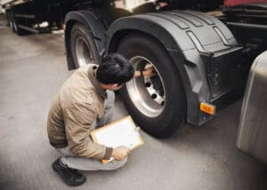 Auto Mechanic is Checking the Truck's Safety Maintenance Checklist.