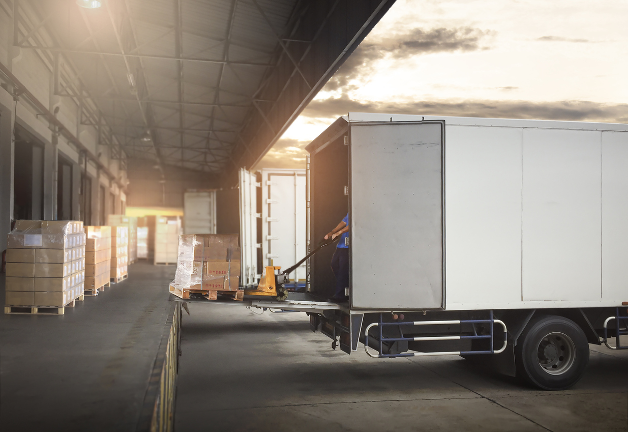  Package Boxes on Pallets Loading into Cargo Container. Trucks Parked Loading at Dock Warehouse. Delivery Service. Shipping Warehouse. Logistics. Road Freight Truck Transportation.