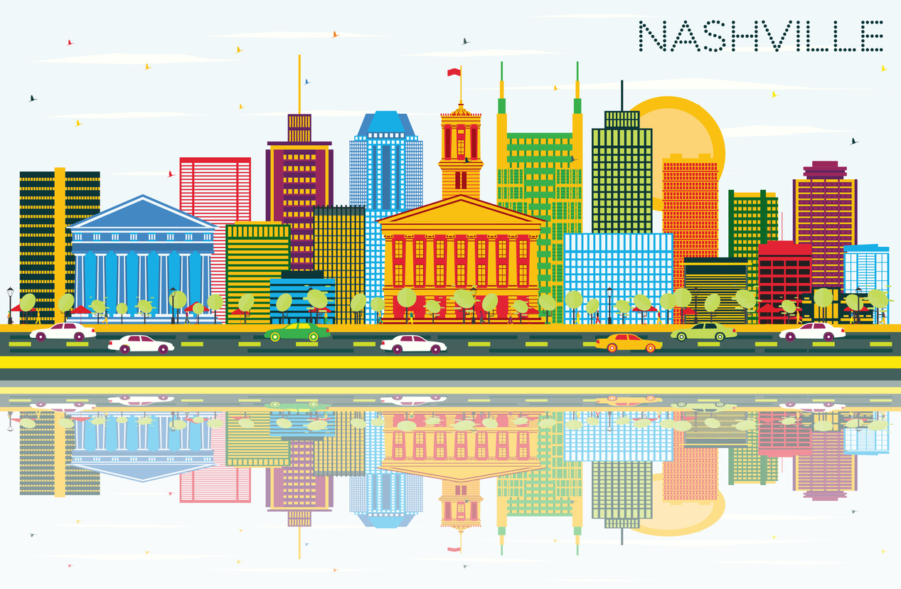 Nashville Skyline with Color Buildings, Blue Sky and Reflections. Vector Illustration. Business Travel and Tourism Concept with Modern Architecture. Image for Presentation Banner and Web Site.
