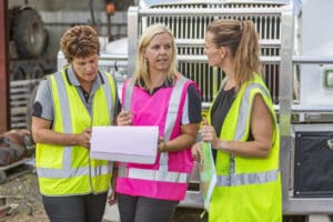 Empowered happy women working in the transport industry wearing high visibility clothing