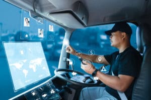 truck driver connects team call center through internet network. delivery man is searching for a location on a digitally displayed screen. Modern Transportation and driving tracking technology concept