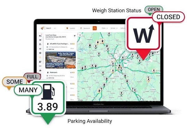A view of Trucker Guide's web app route planner showing weigh station statuses, low clearances, diesel prices, and parking availability.