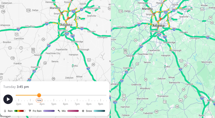 A view of Atlanta in Trucker Guide's weather radar showing weather by the hour